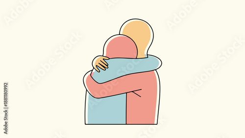 Minimalist illustration of two figures in a tender embrace with light blue and pink garments