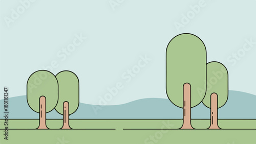 Illustration of two groups of trees with green canopies and brown trunks against a blue sky and green hill