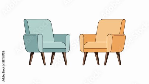 Two mid-century modern armchairs with light blue and orange upholstery on a neutral background