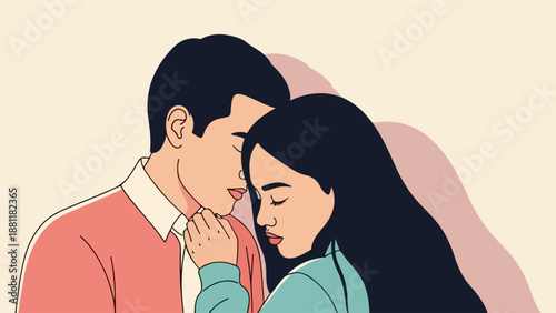 Romantic portrait illustration of a man and woman sharing an intimate moment against a soft pink and white gradient background