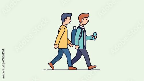 Two people walking together in casual attire with backpack and smartphone