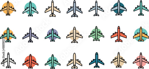 Collection of various colorful airplane illustrations displayed on a white background