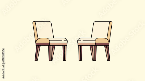 Pair of minimalist chairs with beige upholstery and brown wooden frames in a symmetrical arrangement