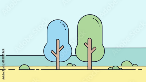 Minimalist coastal landscape illustration with sandy beach, stylized trees, and calm water