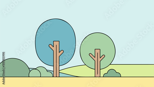 Minimalist illustration of two stylized trees with blue-green and light green canopies on a brown ground plane against a light blue sky