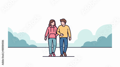 Minimalist illustration of a man and woman holding hands against a gradient sky