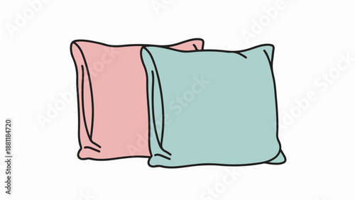 Two square throw pillows in pink and blue with darker trims on a neutral background