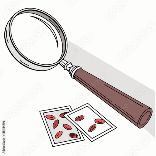 Magnifying glass examines blood cells on slides