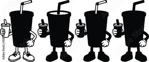 Cartoon black drink cups with straws and legs holding smaller cups  fun beverage concept