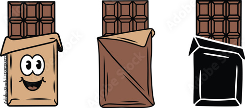 Cartoon chocolate bars with different colored wrappers smiling face