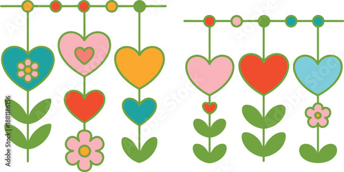 Colorful heart shaped flowers and leaves hanging from a line  cute graphic design elements