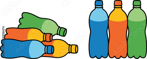 Colorful plastic soda bottles isolated on transparent background for recycling or beverage concepts