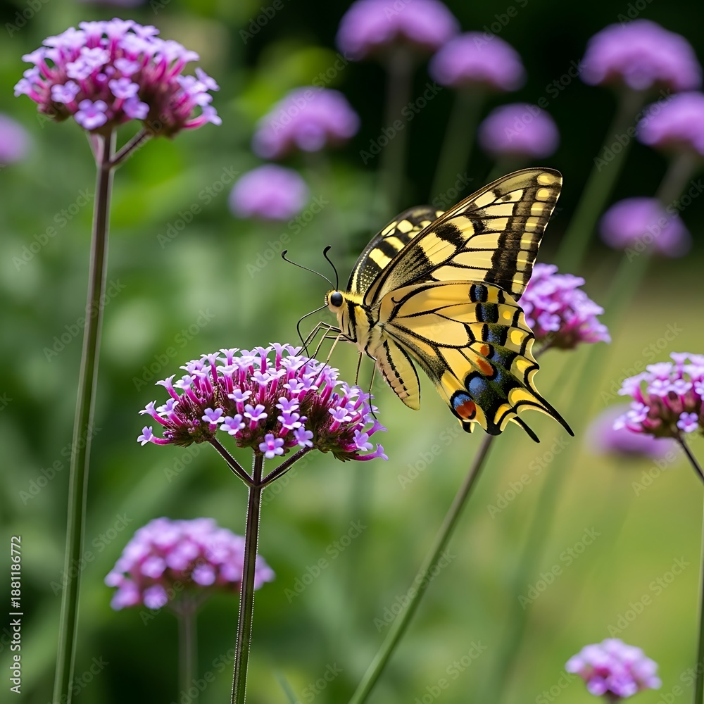 Obraz premium Butterfly on Verbena Flowers - A Vibrant Garden Scene.