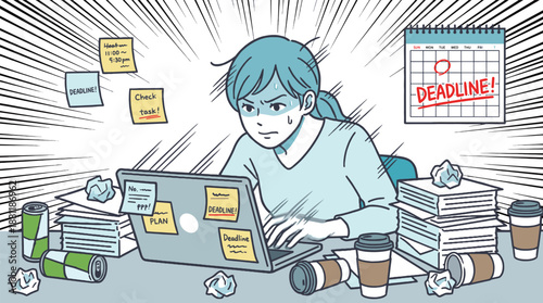 Busy office woman working hard under deadline pressure