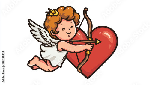 Cute cupid with bow and arrow flying around large red heart, symbolizing love and affection. This charming illustration captures essence of romance and joy
