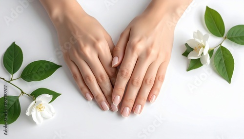 Two hands with manicured nails rest on a white surface, adorned with white flowers and leaves