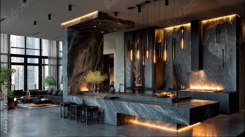Luxurious modern kitchen and living area with dramatic lighting and marble accents
