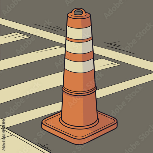 Orange Traffic Cone on Roadway with Stripes