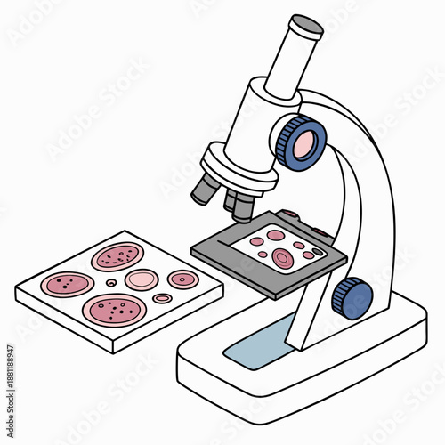 Microscope examining blood cells on slides