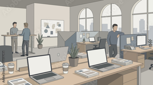 Modern office with coworkers collaborating and working on laptops