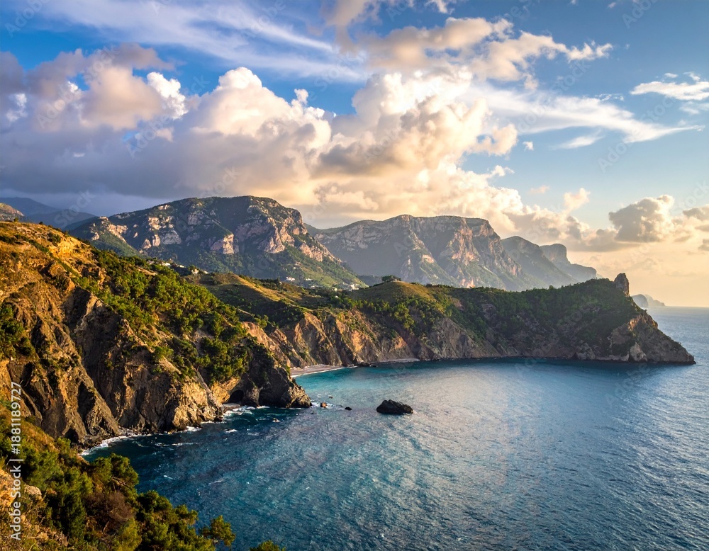Obraz premium Rugged Coastline with Turquoise Water and Mountains