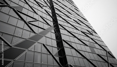 Monochrome shot of a modern skyscraper with geometric facade, upward perspective