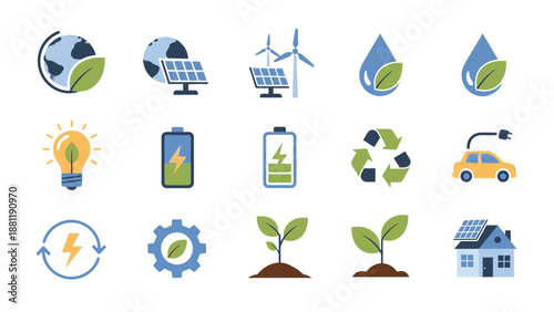 Sustainable living icons collection featuring eco-friendly elements and renewable energy symbols in a modern flat design