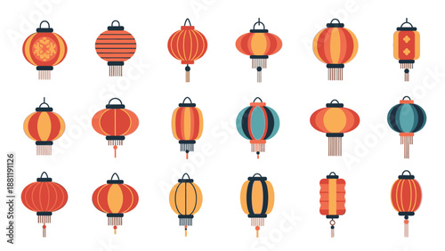 Collection of assorted Chinese lanterns in various designs and colors, representing cultural heritage and festive celebrations, viewed from a straightforward perspective
