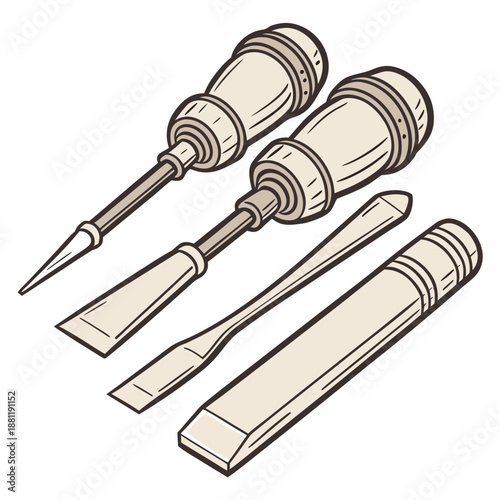Set of Polished Wooden Mallets and Chisels for Carving