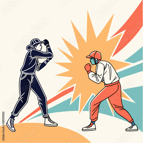 Two boxers in a stylized fight against a bright background