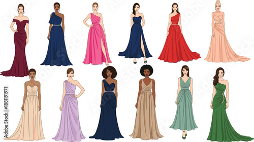 Evening gown fashion illustration, elegant dress artwork, formal wear design, stylish women concept, creative clothing style, luxury attire