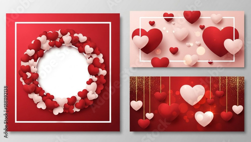 Valentine's Day themed designs featuring floating hearts in various arrangements, perfect for romantic celebrations and festive decorations