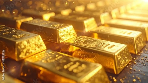 Close-up of shiny gold bars arranged in neat rows, reflecting light.