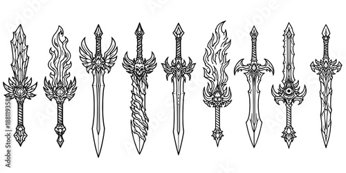 Fantasy Sword Collection Illustration, Medieval Blades Set, Decorative Weapon Line Art