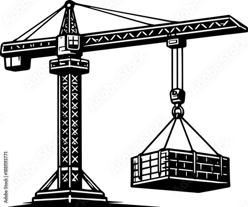 Construction Crane Illustration, Tower Crane Lifting Load, Clean Line Art Design