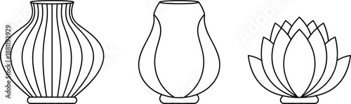 Minimalist black and white outline icons of decorative pottery vases and a blooming lotus flower for home decor.