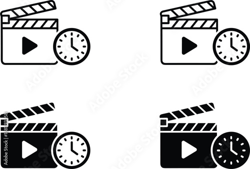 Movie clapperboard icons with clock symbols in outline and solid styles for video production timing and cinema scheduling.