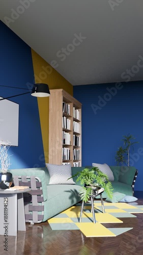 3D render vertical animation of a living room