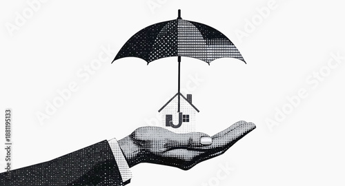 Halftone Collage of Hand Holding Umbrella Protecting House