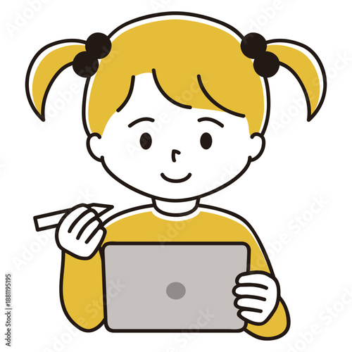 ペンタブを持ってタブレット端末で勉強する女の子のイラスト