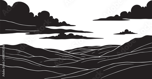 Monochromatic landscape with hills and water silhouette illustration