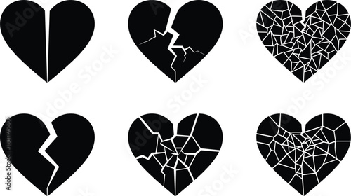 Set of black broken heart icons with various crack patterns representing heartbreak emotional pain divorce and sadness symbols.