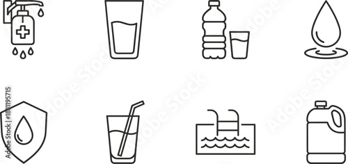 Professional set of beverage and cocktail line icons including beer mugs, wine glasses, martini shakers, and soda cans.