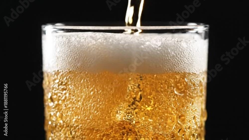 Wallpaper Mural Close-up of beer being poured into a chilled glass with ice cubes, creating a foamy head against a black background Torontodigital.ca