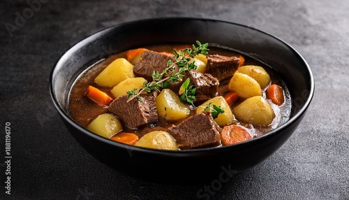 Traditional Irish Stew In A Black Bowl On A Dark Background Stew Of Lamb Potatoes Onions Carrots And Thyme Traditional Dish Of St Patrick S Day