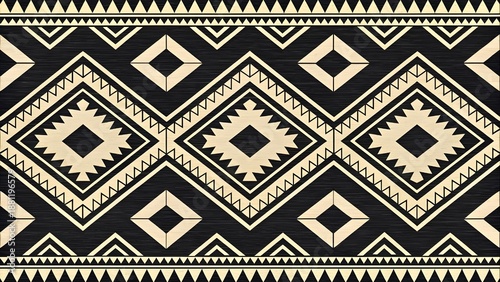 A traditional geometric patterned textile with black and beige colors