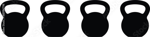 Set of black kettlebell silhouettes for fitness training and bodybuilding workouts isolated on a plain white background.