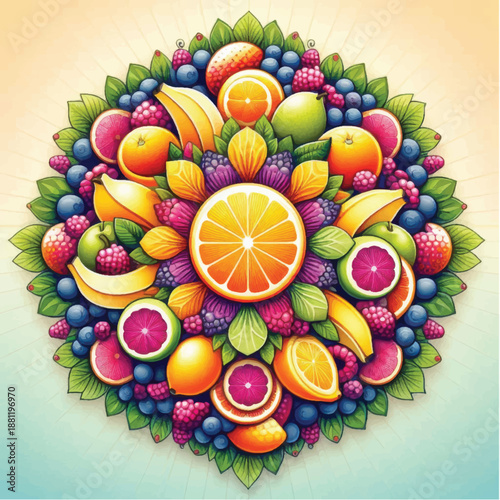 Vibrant and colorful fruit mandala with a variety of fresh produce.
