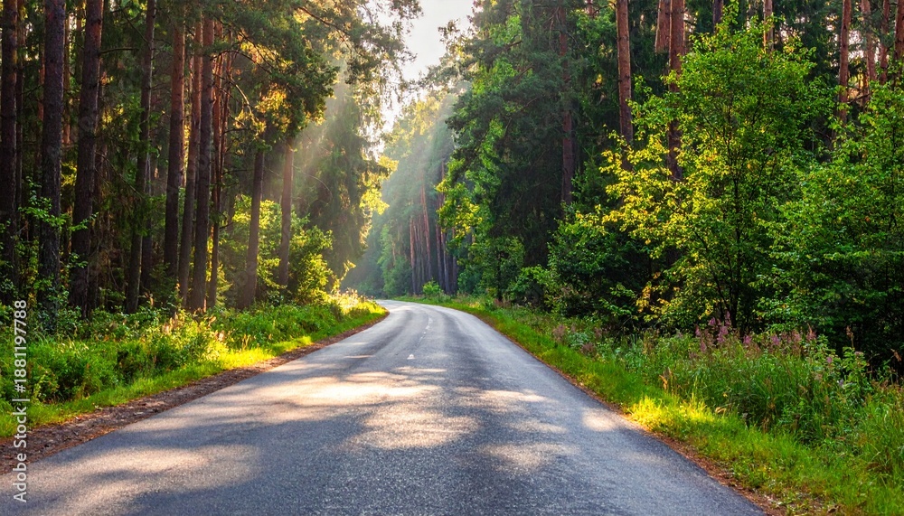 Obraz premium Scenic Forest Road - A Serene Drive Through Natures Embrace with Sunlight.