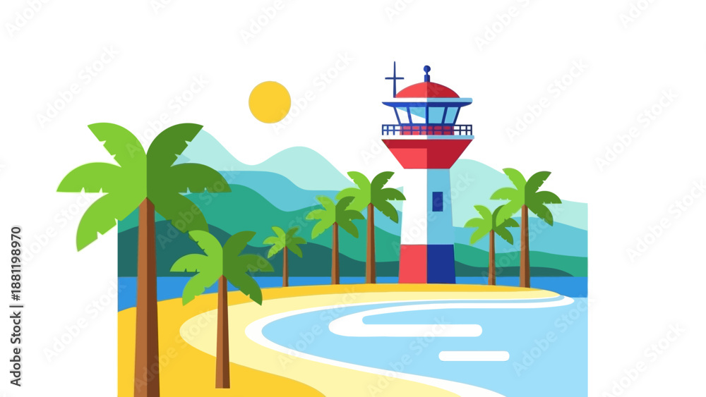 Obraz premium Tropical beach scene with lighthouse and palm trees.